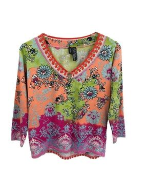 Lynn Ritchie | Silk Blend Floral V-Neck Top Medium Y2K Colorful